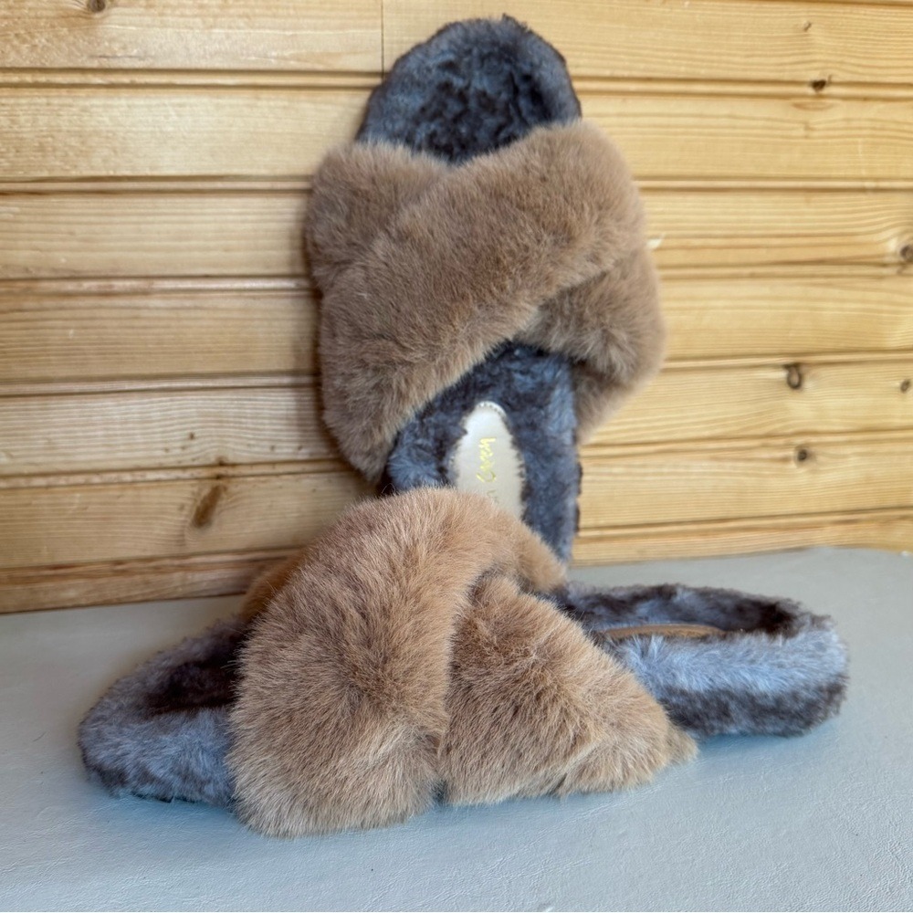 Nash Grey Slippers Crisscross Faux Fur Brown Gray Women's 9.5 Luxe Nest Cabin